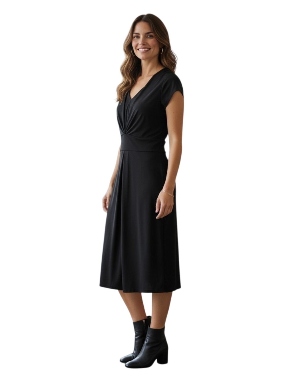 TALBOTS Women's Black Midi Dress V-Neck Drapey Stretch Short Sleeves Classic 8